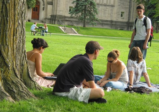 Students studying on the Bald Spot