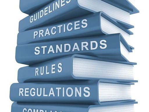 Stack of six blue animated books with titles on the spine that read Guidelines, Practices, Standards, Rules, Regulations and Compliance