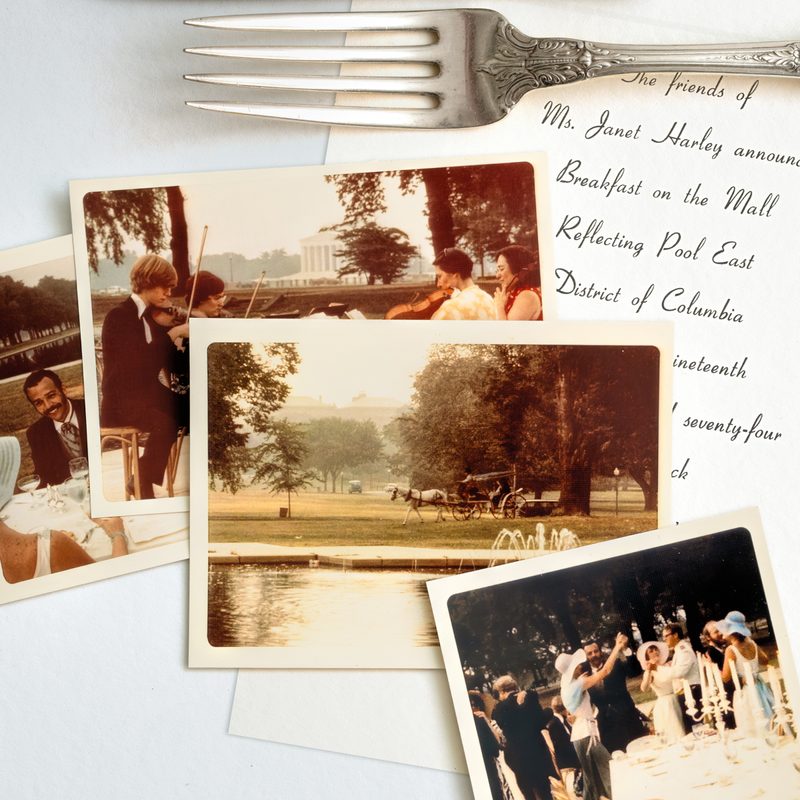 A collection of items related to the "breakfast on the mall" event, including a silver fork, an invitation, and some snapshots