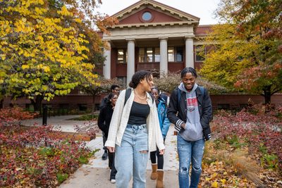 Students walking across campus.