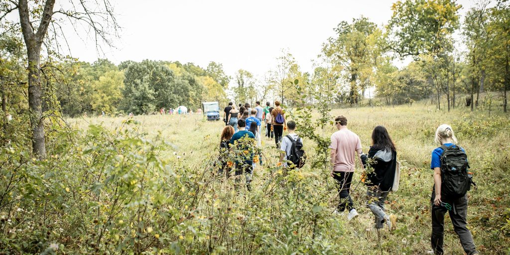Students walking in the Arb