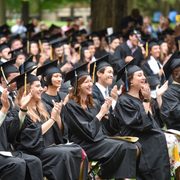 The class of 2020 claps for Anesu Masakura '20 after his speech at their makeup commencement.