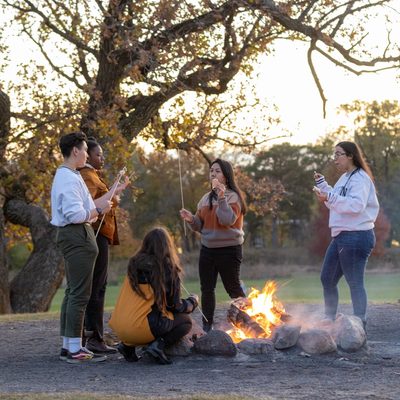students celebrate around a campfire