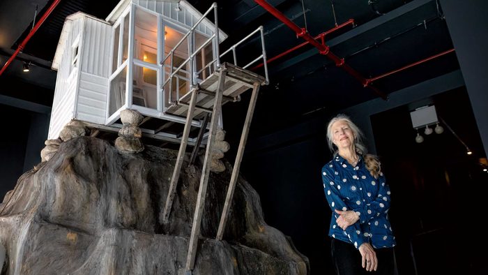 donna dennis stands below her sculpture of a quarter-scale house perched on top of a boulder