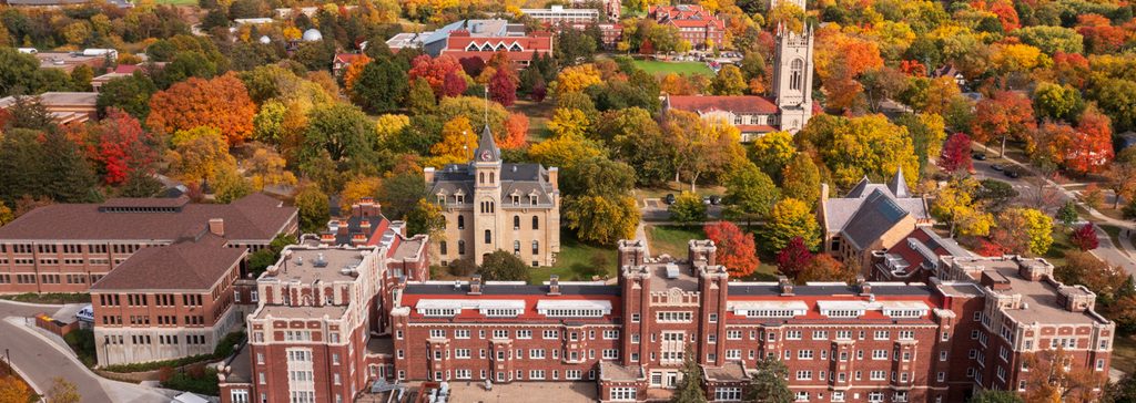 Aerial view of the Careton campus on an autumn day, looking east