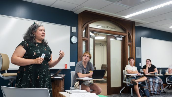 Professor Dev Gupta teaches a class in Hasenstab Hall