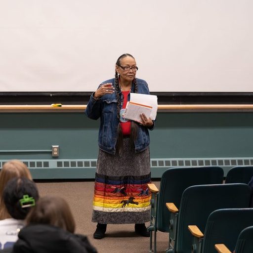 Ida Downwind speaks in Boliou Hall