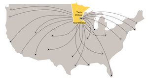 A rendering of a map of the continental United States with travel lines coming toward Minnesota
