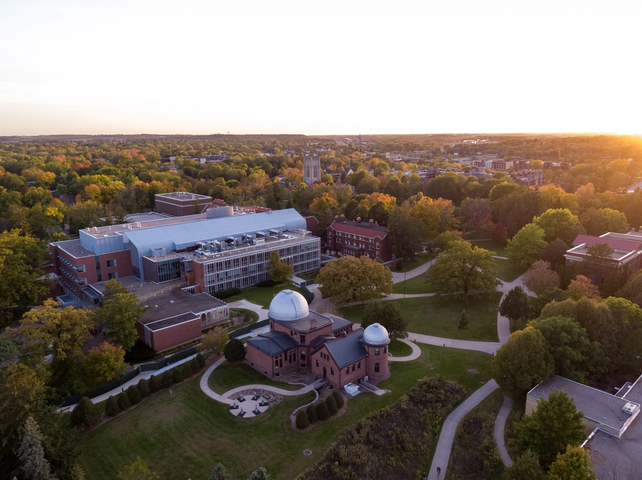 aerial view of Goodsell Observatory in the fall