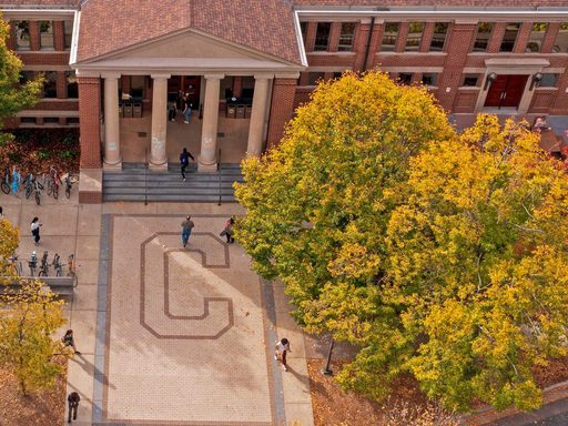 Overhead view of the entrance to the Sayles-Hill student center