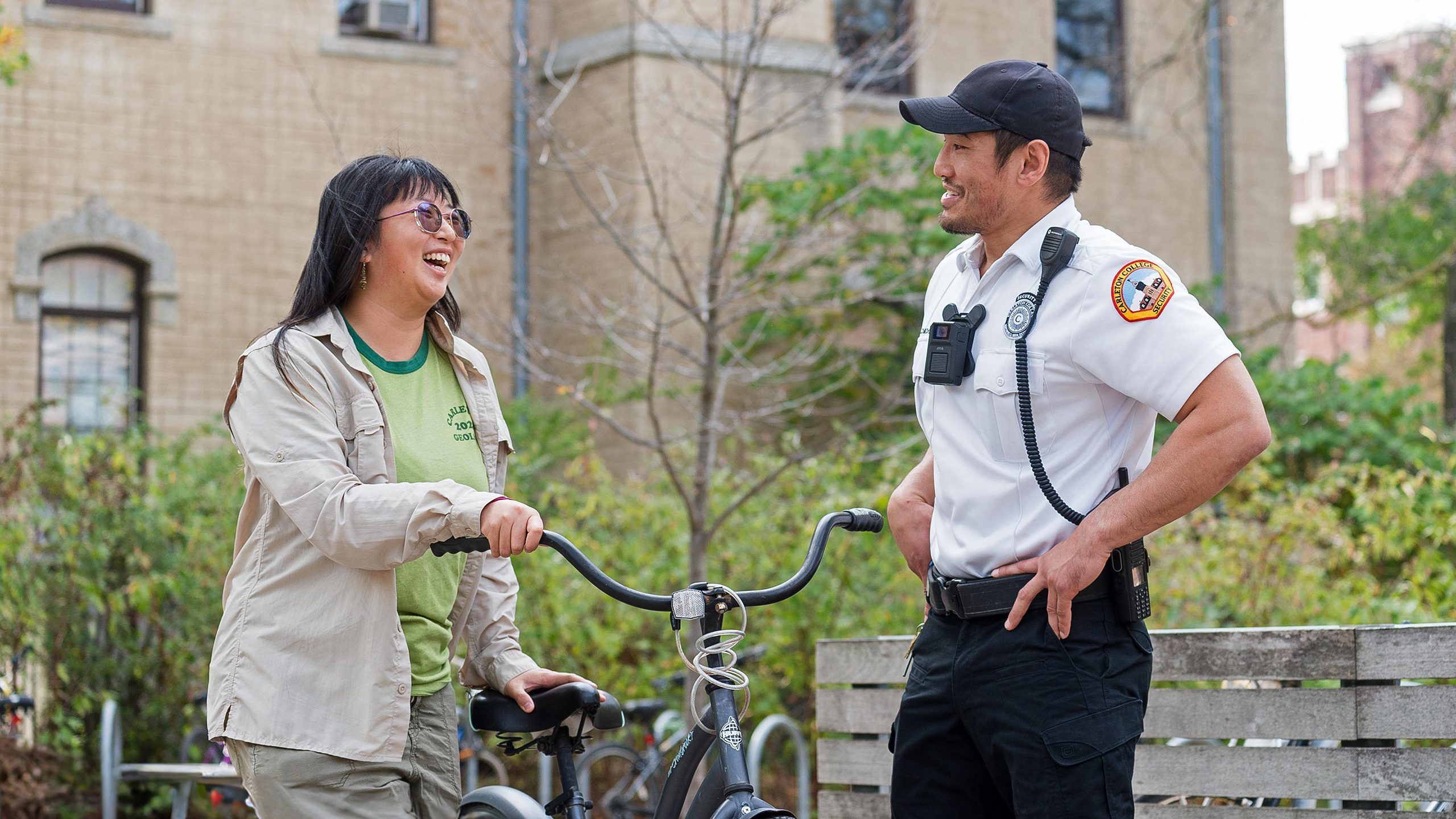 Security Officer Elliott Courchaine talks with a student