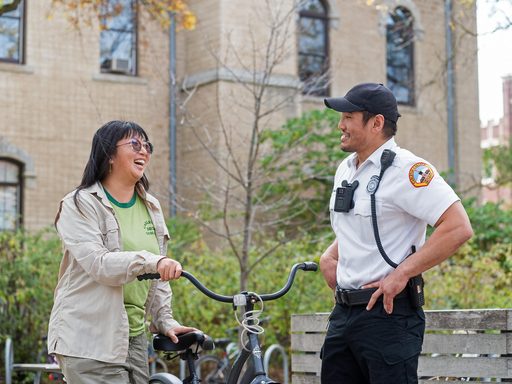 Security Officer Elliott Courchaine talks with a student