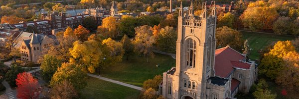 the chapel from above on a fall evening