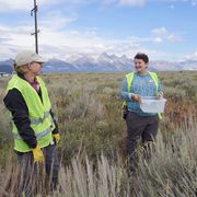 Jasmine Cutter chat with long-time seed volunteer while collecting antelope bitterbrush