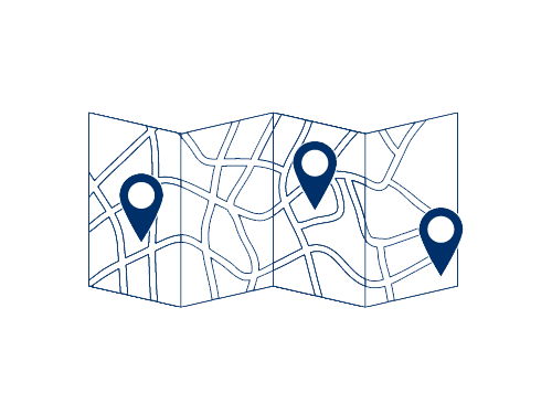foldable map icon with several winding roads and three pins marked