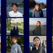 Collage of 11 student headshots and a photo of Laird Hall on a dark blue background.