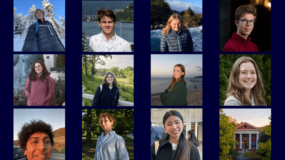 Collage of 11 student headshots and a photo of Laird Hall on a dark blue background.