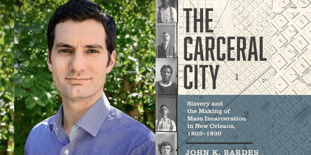 Collage of John Bardes' headshot and the cover of his book, 