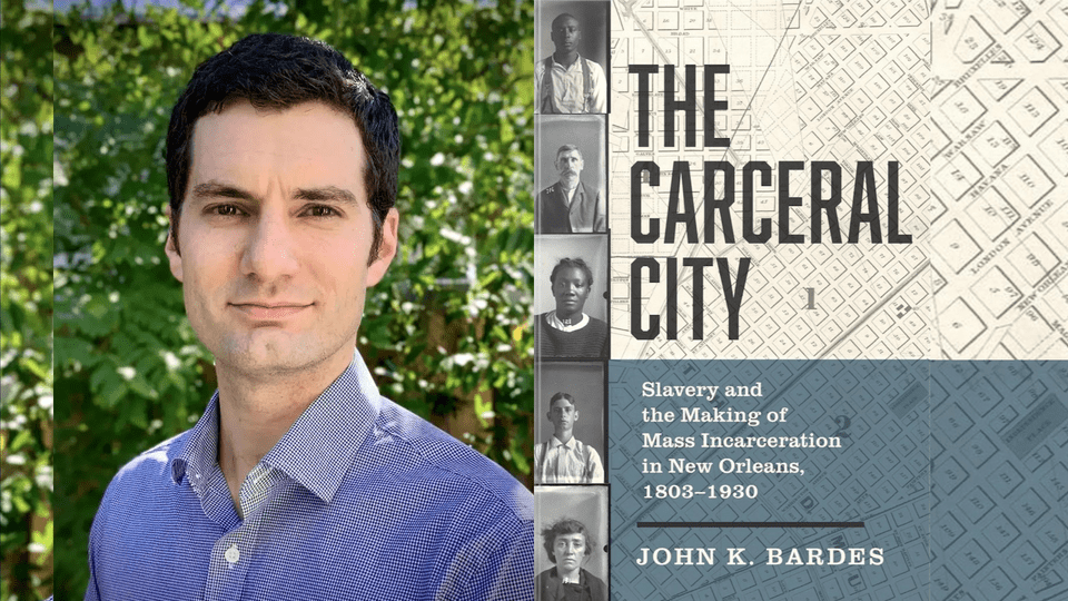 Collage of John Bardes' headshot and the cover of his book, 
