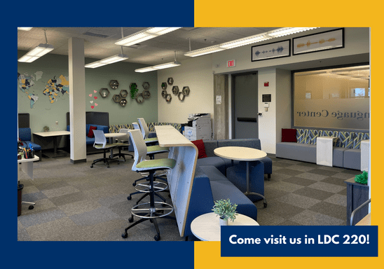 Panoramic view of the Language Center showing comfortable booth and desk seating. Caption says 