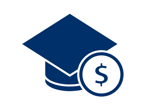 blue graduation cap icon with a dollar sign within a circle in front of it