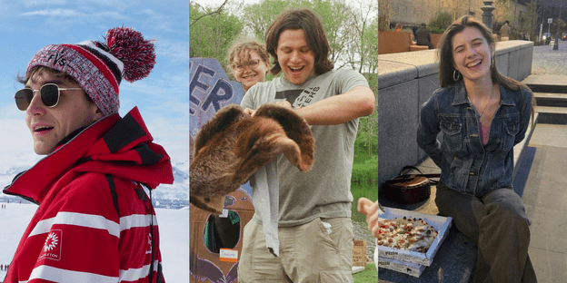 Collage of three photos: Mitch Porter ’25 in a snowy landscape, Jonah Docter-Loeb ’25 holding a beaver skin, and Victoria Semmelhack ’25 laughing while sitting on a bench.